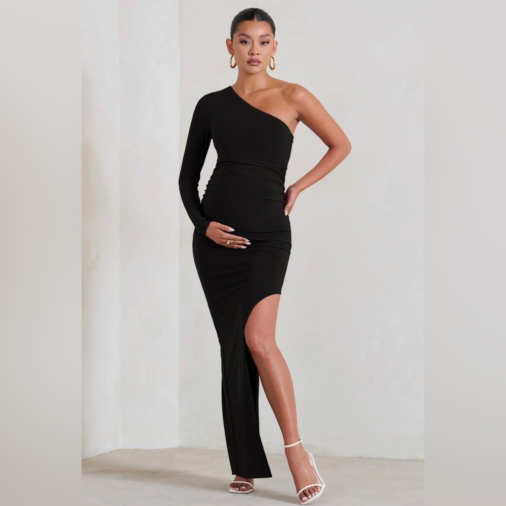 Club L London Paloma Black Maternity One Sleeve Asymmetric Maxi Dress